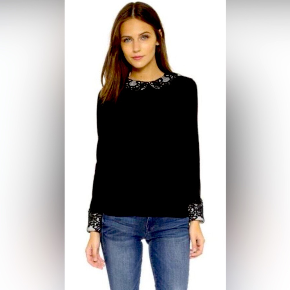 Alice + Olivia Lynda Sweater Collar Cuff Lace Wool Black Knit Top